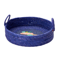Round Raffia Basket In Blue With Embroidered Rose Rice DK